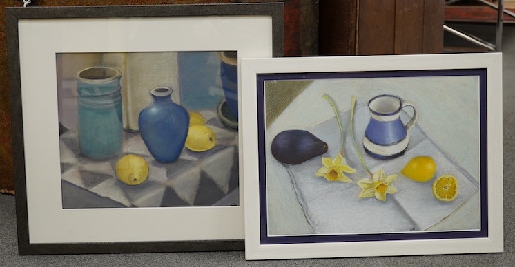 Sue Arnold (Contemporary), two pastels on paper, ‘Pots, blue and green with lemons’ and ‘Spring morning’, each signed with monogram, one with label verso, largest 29 x 34cm. Condition - good